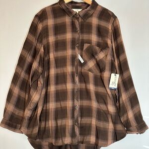 Terra & Sky Womens Plus Size 2X Plaid Button-Up Shirt Long Sleeves Pockets NWT
